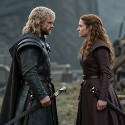 cinematic shot of Stannis Baratheon fighting side by side with his general, beautiful, realistic artwork