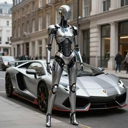 “Elegant expensive cybernetic suit designed by Lamborghini, In London, stunning high tech, realistic, cinematography”