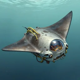 manta ray shaped refuse collecting robot machine in the ocean, dome portholes, brass pipes, wires, detailed illustration, concept art, muted colour palette, highly detailed,