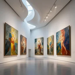 interior futuristic art gallery wide angle highly detailed by santiago calatrava, wall hanging paintings of art by saturno butto! and wlod, captivating 8 k hdr, octane render godrays