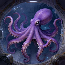 Giant purple octopus attack in a space station, elegant, intricate, retrofuturistic digital painting, artstation, concept art, smooth, sharp focus, illustration, art by artgerm and greg rutkowski and alphonse mucha