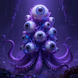 Eldritch Organic Tower of The Void made of eyeballs and tentacles, Purple and Blue colored, 4k, masterpiece, cinematic, glowing, by Greg Rutkowski, Trending on Artstation, Behance. Polished, Volumetric Lighting
