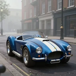 a wholesome animation key shot of!! one!! focused!! ac cobra!!, shiny deep blue with white stripe, in a misty london street, wide shot, studio ghibli, pixar and disney animation, sharp, very detailed, high resolution, rendered in unreal engine 5, anime key art by greg rutkowski, bloom, dramatic lighting