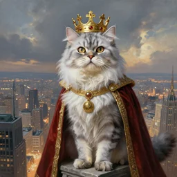 a fantasy painting of an anthropomorphic silver brindle persian cat dressed, owl's eyes, as a renaissance king with crown in head, standing on a skyscraper overlooking a vast city, cinematic, beautiful lighting, dramatic