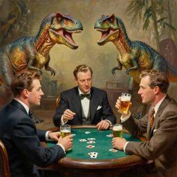 dinosaurs wearing vintage suits, playing poker and drinking beer, 1 9 5 0's, oil painting, hyperdetailed