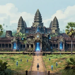 a distant cyberpunk angkor wat, portals, sparkling, small robots, ancient trees by paul lehr, jesper ejsing