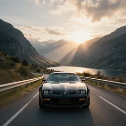 black pontiac firebird trans - am driving towards the camera, mountain, valley, breathtaking mountains, lake, dynamic, sunrise, cinematic, motionblur, sunbeams, volumetric lighting, wide shot, low angle, mind flayer, lightning