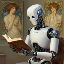 a robot reading a book, highly detailed, digital painting, artstation, concept art, sharp focus, illustration, art by eddie mendoza and greg rutkowski and alphonse mucha
