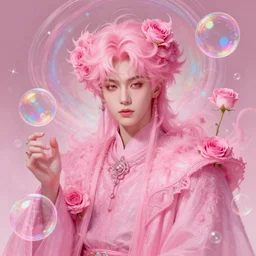 portrait of jin from bts as a pink wizard fantasy, intricate, elegant, many rainbow bubbles, rose tones, highly detailed, digital painting, artstation, concept art, smooth, sharp focus, illustration, art by artgerm and greg rutkowski and alphonse mucha