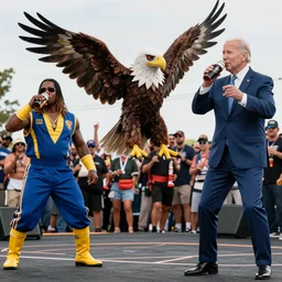 Kid Rock wearing an eagle costume supplexing President Biden dressed like the Ultimate Warrior while Stone Cold Steve Austin drinks beer