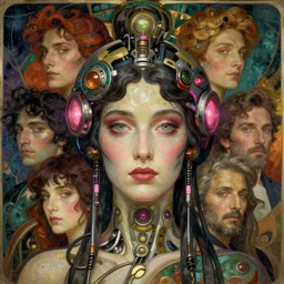 realistic detailed face portrait of adult Goddess of Psychedelics by Alphonse Mucha, Ayami Kojima, Amano, Charlie Bowater, Karol Bak, Greg Hildebrandt, Jean Delville, and Mark Brooks, Art Nouveau, cyberpunk, mechanical accents, glowing pink accents, rich deep moody colors