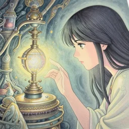 spirit guide from atlantis gazing into a magical apparatus. serigraphy by award - winning mangaka, backlighting, intricate details, muted pastel palette, depth of field.
