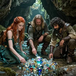 Three adventurers - Liz (sorceress), Tim (bearded alchemist) and Farhan (dwarf-like man) exploring underground river with gems laying around | fantasy