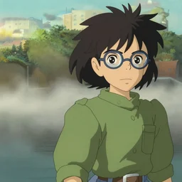anime, incredible wide screenshot, ultrawide, realist proportions, paper texture, intricate, very detailed, studio ghibli movie scene, girl wearing a green shirt and harry potter glasses with a curly black hair, fog