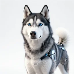 still photo of a cybernetic husky, studio lighting, unreal engine 5 quality render, photorealistic portrait, highly detailed, bright studio setting, crisp quality and light reflections