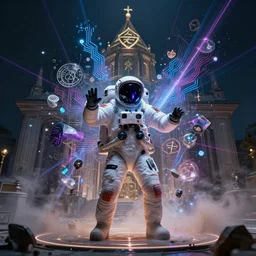 vampire astronaut performing ritual magic in front of masonic temple, technology and magick, circuitry and sigils combined, photorealistic, royo, frazetta, leds, dust, laser light, crystalline shimmers, chaos, complexity, emergence,