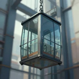 glass elevator cabin hanging by a chain. dynamic perspective. urban, detailed digital art trending in artstation, artworks by greg rutkowski