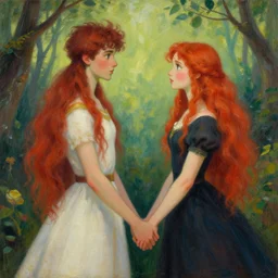a male and a red haired female with long hair who are in love holding hands, fantasy world, painted by sylvain sarrailh, ferdinand knab, trending on artstation