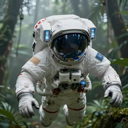close - up portrait of space astronaut flying inside tropical jungle with palm leaves, small foggy and gloomy, blue helmet lights, 6 0 mm full - frame, bokeh background, highly detailed science fiction illustration by jeremy geddes. photorealistic, octane render, hyper detailed, 8 k, movie still, artstation, unreal engine