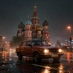 gta game in moscow, 1 9 9 0, playstation 5 screenshot, mega details, dark night, orange lights, heavy rain, fog, beautiful rtx reflections, soviet suburbs, photorealistic, unreal engine 5, octane render, volumetric light, cg society, 4 k, 5 0 mm bokeh, russian lada car, artstation