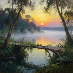 backlight on broken vine bridge , fog in lake , in jungle  by the sea , pretty sunset  oil painting panorama by  frazetta