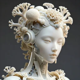 hyper detailed ultra sharp portrait of a beautiful fashionable porcelain ivory cyberpunk mechanoid, well contoured smooth fair skin, up close shot, sharp focus, global illumination, radiant light, haute couture mechanical corals headdress made of corals, wire mesh, brackets, mushrooms, puffballs, rhizomorphs, alexandre ferra, irakli nadar, octane highly render, 4 k, ultra hd,