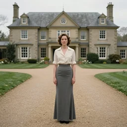 5 0 s portrait of elegant woman standing on driveway of stately home, normal rockwell, tom lowell, leyendecker, james gurney
