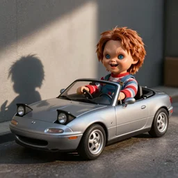 screaming chucky doll test driving a convertible miata