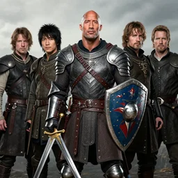 medieval fantasy half length d & d portrait photo of dwayne johnson as a d & d armored fighter with sword and shield, photo by philip - daniel ducasse and yasuhiro wakabayashi and jody rogac and roger deakins