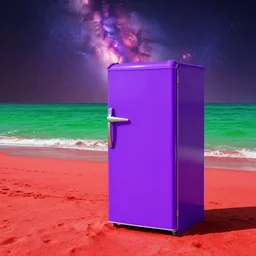 purple refrigerator on red sand beach, green ocean and nebula sunset
