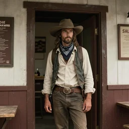 a bandit desperado wearing a bandana, standing in the doorway of a saloon, cinematic, picturesque, film still