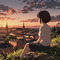 reimu sitting on a hill off to the side looking down upon swedish town, during dawn, cinematic, very warm colors, intense shadows, anime illustration, anime screenshot composite background