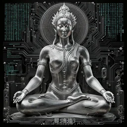 meditation deity by jeffrey smith and wlop and gustave dore, featuring rhodium wires, circuitry, code, binary, cryptonomicon, dmt entity, ambient occlusion, 3 d concept render, scientifically accurate, artstation, intricate, beautiful, look at that detail!