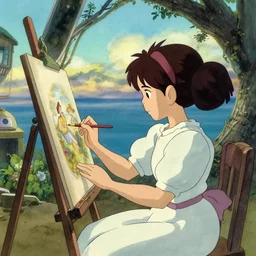 a wholesome animation key shot of a girl painting a picture at the seaside studio ghibli, pixar and disney animation, sharp, disney concept art watercolor illustration by mandy jurgens and alphonse mucha and alena aenami, pastel color palette, dramatic lighting