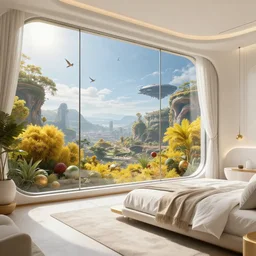 view of a futuristic confy white bedroom, with wood and gold details and a huge futuristic glass window overlooking a lush alien planet with yellow vegetation with gold and red and green fruit, spread across parts metropolis outside, environmental lighting, sunny weather and alien skies with exotic birds flying across the sky, ray tracing, amazing view, highly detailed, a black ship in the sky, octane render, unreal engine 5, 4 k