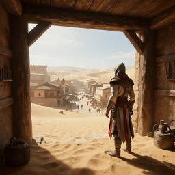 desert sand delicious view from standing inside the interior dingy wooden fort tower looking out at the bustling medieval town streets below atmospheric unreal engine hyperreallistic render 8 k concept art masterpiece screenshot from the video game assassin's creed origins odyssey 2 7 0 0 k global illumination