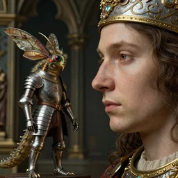 closeup profile medieval jan van eyck face portrait of a tin toy fuzzy kaiju moth dragon wearing armour, nicoletta ceccoli, mark ryden, lostfish, hyung tae, frank frazetta, depth of field, detailed and intricate gothic environment, 8 k resolution, hyperrealistic, octane render