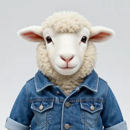 full head photo portrait of a cute sheep made of jeans jacket, medium shot, super realistic, crisp details, sharp, detailed, intricate, volumetric lights, cinematic, pastel gradient background, shot with hasselblad, octane render