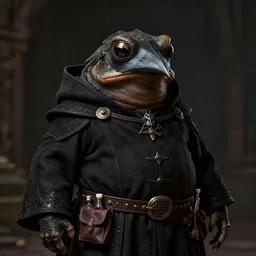 a portrait, a plump amphibious humanoid wearing a pointy bird style black plague doctor mask, short in stature, wearing black medieval robes, medical doctor, small vials and pouches on belt, intricate belt, style by donato giancola, wayne reynolds, jeff easley dramatic light, high detail, cinematic lighting, artstation, dungeons and dragons