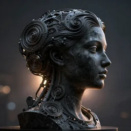 epic illustration, digital abstract sculpt of beautiful female face silhouette and black swirling concrete acrylic portrait, black latex sculpt, octane render, mechanical superstructure, sacred geometry, glowing edges, magic hour, beautiful light, sculpture of carving marble, dark colors, dark mood, one point light, spirals, clockwork, epic matte painting, concept art, bokeh, digital painting, artstation