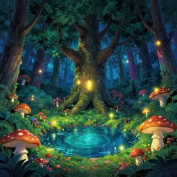 a sanctuary in an enchanted forest, large tree in the middle!!!!!!, pond!!, night!!!!, mushrooms!!!, glowing!!! lights, epic fantasy, colorfully, digital art, highly saturated colors, concept art, detailed illustration, hd, 4 k, digital art, greg rutkowski, dan mumford, studio ghibli trending on art