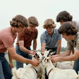 7 0 s retro picture of four guys with bowl cuts feeding a goat