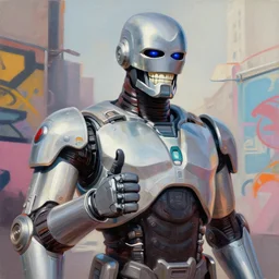 greg manchess portrait painting of robocop smiling as overwatch character, thumbs up, medium shot, asymmetrical, profile picture, organic painting, sunny day, matte painting, bold shapes, hard edges, street art, trending on artstation, by huang guangjian and gil elvgren and sachin teng