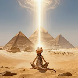 lizard meditating in desert, pyramids, light shafts, wisps, sandstorm, light diffusion, godly, ascending, by moebius, digital art, beautiful, sacred, holy, surreal