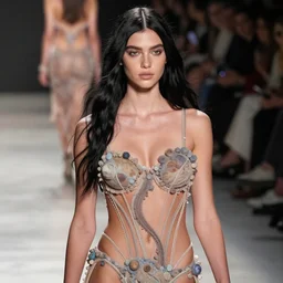 olivia wearing an outfit made from the planet neptune, at new york fashion week, lush black hair, average physique, freckled pale skin, photo by greg rutkowski, stage lighting, soft colors, female beauty, intricate detail, risque fashion, elegance, 3 5 mm, depth of field, masterpiece