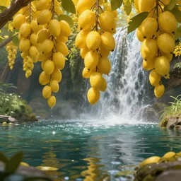 close up of low hanging yellow fruits over a pond, waterfalls, by james gurney, low angle shot, concept art, intricate, hyper detailed, volumetric lighting, sharp focus, octane render, trending on artstation, 8 k