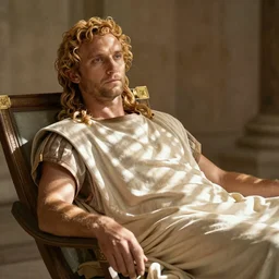 a still from HBO's Rome of Hadrian reclining on a chaise while golden dappled sunlight streaks across his soft long curly blond hair