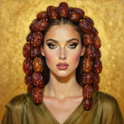 epic painting, full figure portrait of beautiful supermodel face wearing olive dress. drawing, sweet egyptian dried dates, photography by amy leibowitz, wlop, jeremy lipkin, beeple, intricate, symmetrical front portrait, artgerm, golden glowing background