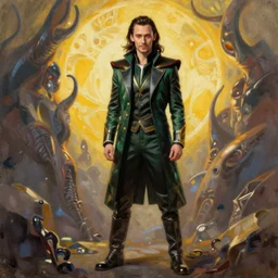 realistic full body, Portrait painting of Tom Hiddleston as Loki Xenomorph, made by Thomas Kinkade, physical painting, Sharp focus,digital art, bright colors,fine art, trending on Artstation, unreal engine.