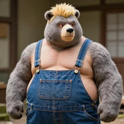 blushing bear man chubby sumo anthro, blonde hair tuff on head, grey fur, country bears by marc davis wearing overalls flannel posing seductive, looking seductively, style in akihito tsukashi focus